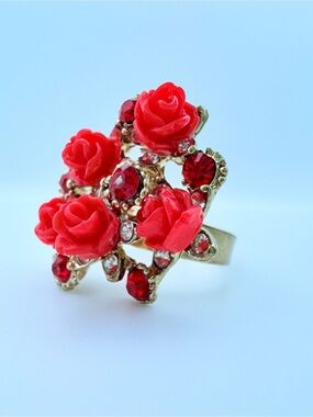 Statement Red Rose Rhinestone Adjustable Ring Gold Tone Romantic Coquette